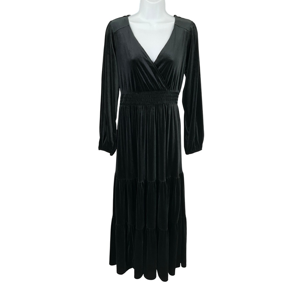 Knox Rose Whimsigoth Velvet Tiered‎ Maxi Dress Black V Neck Sz S Witchy Vamp